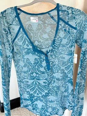 Free People Teal Blue Patterned Long-Sleeve Henley